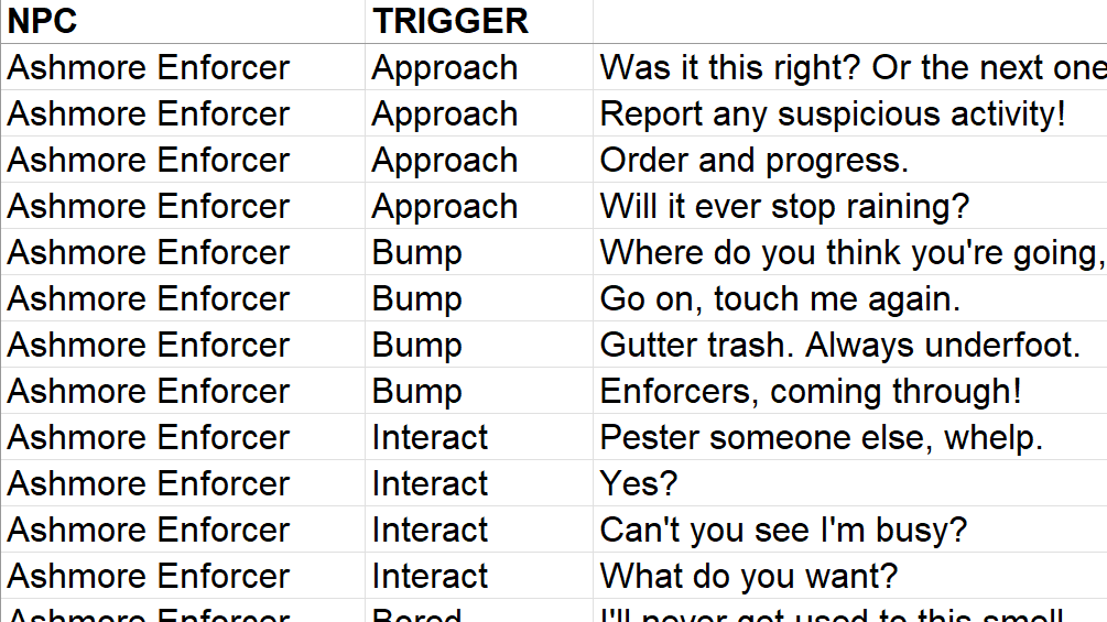 An image of a dialogue spreadsheet that links to a portfolio page about a ambient oneliners.