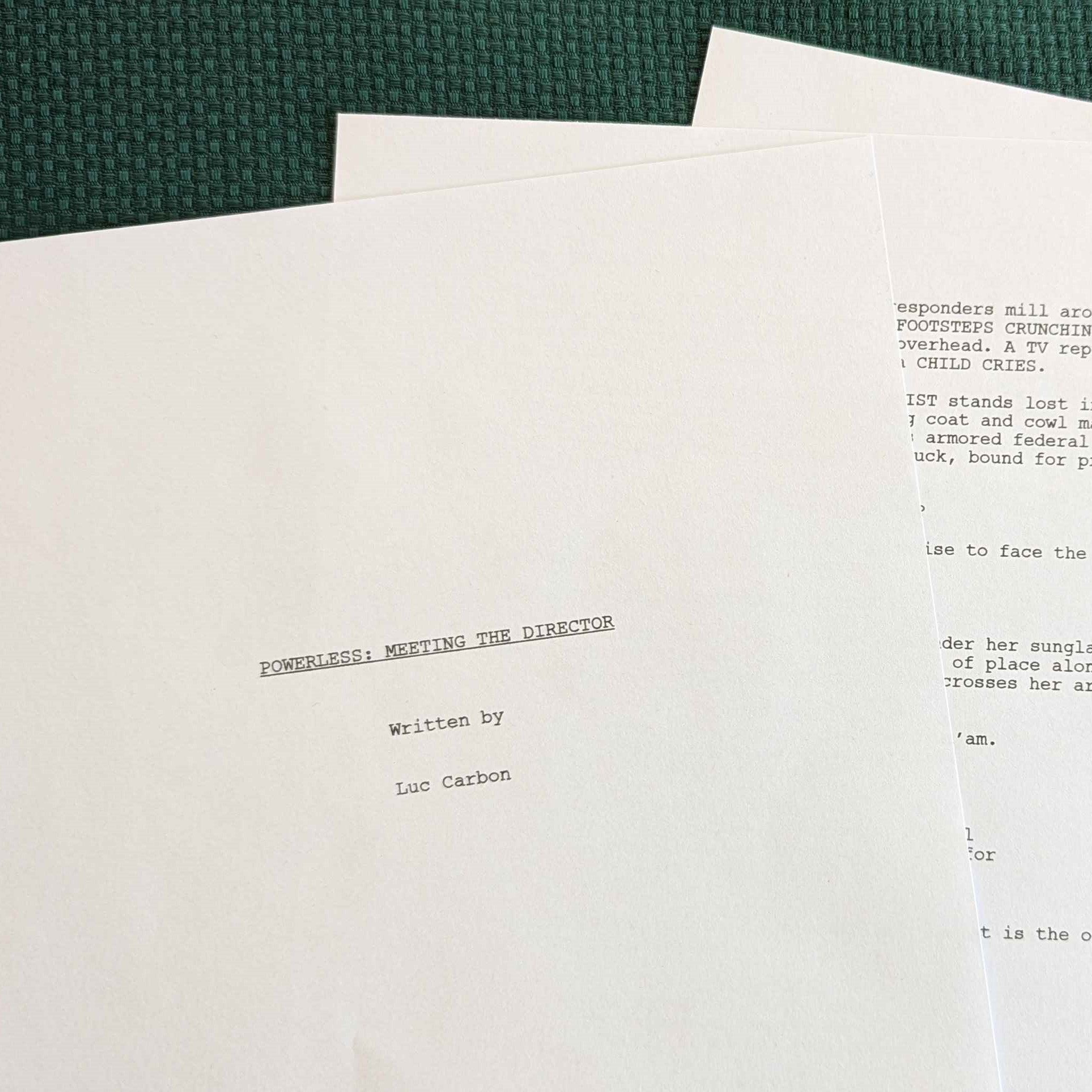 A picture of a screenplay that links to a portfolio page about a cutscene screenplay.