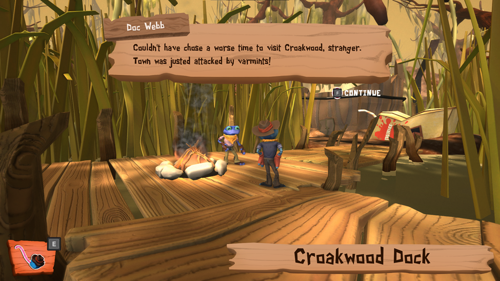 A screenshot of video game showing a conversation between two cowboy frogs, that links to a portfolio page about a 3D platformer.